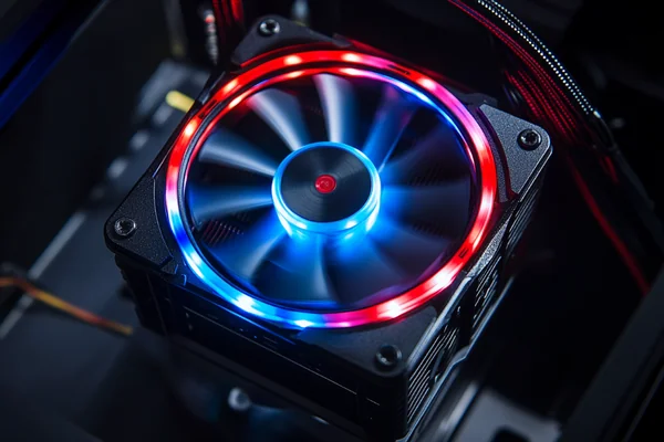 a 12V DC axial fan installed in a PC case with RGB lighting