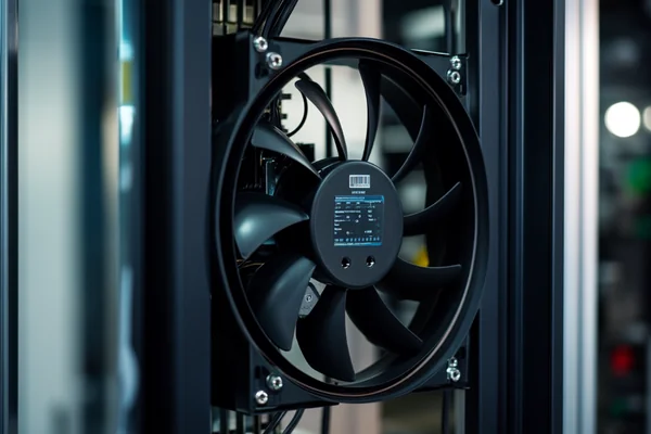 a 24V DC blower fan cooling an industrial control cabinet