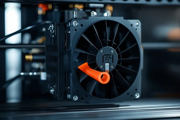 A 5015 blower fan directing a stream of air at a 3D print nozzle