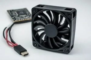 A 5V fan next to a USB connector and a Raspberry Pi