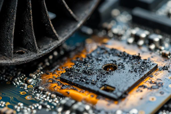 A burnt-out circuit board next to a dead fan
