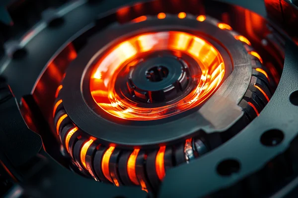 A close-up on a fan motor with glowing red lines indicating heat.