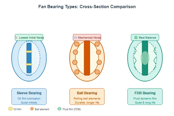 A cross-section comparison of sleeve, ball, and FDB bearings