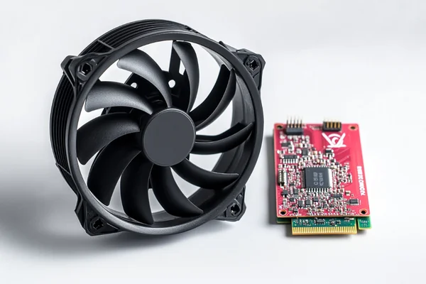 A DC axial fan placed next to a Raspberry Pi SBC
