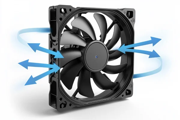 A DC axial fan with airflow arrows indicating its operation