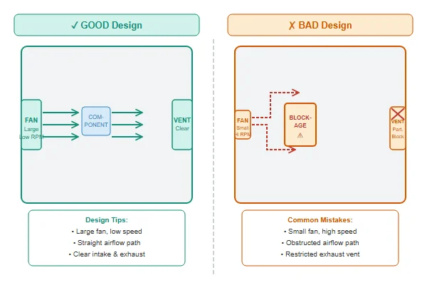 A diagram showing good vs bad airflow design in an enclosure