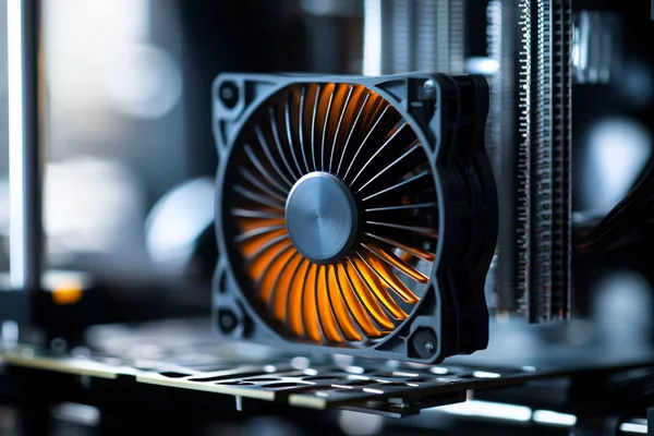 A fan blowing air through a dense hotend heatsink