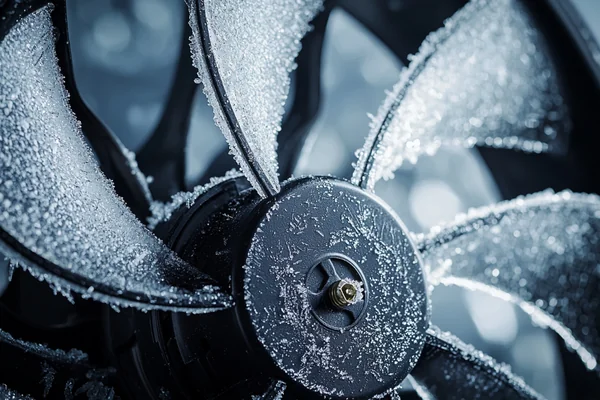 A fan covered in a light frost inside a cold chamber.