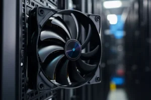 A high-speed DC axial fan spinning rapidly inside a computer server rack