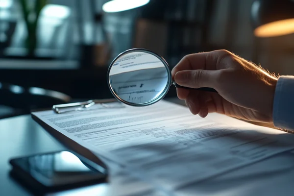 A person examining a test report document with a magnifying glass