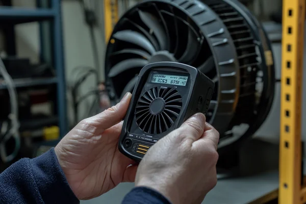 A person holding a handheld anemometer near a fan