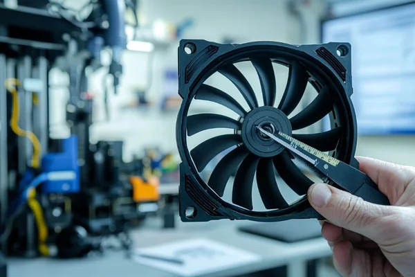 A person measuring a 3D printer fan with calipers