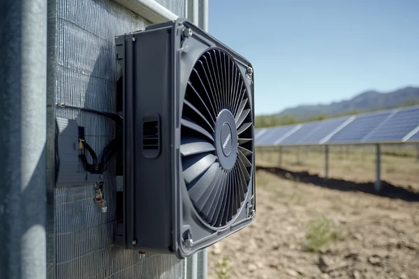 A rugged DC axial fan installed in an outdoor ventilation housing on a sunny day, with solar panels visible in the background