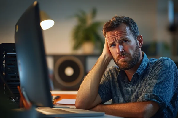 A user looking annoyed at a noisy electronic device