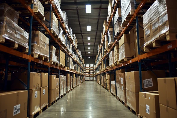A warehouse aisle with boxes of fans on shelves.