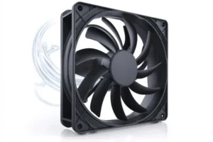 An axial fan with arrows showing airflow direction