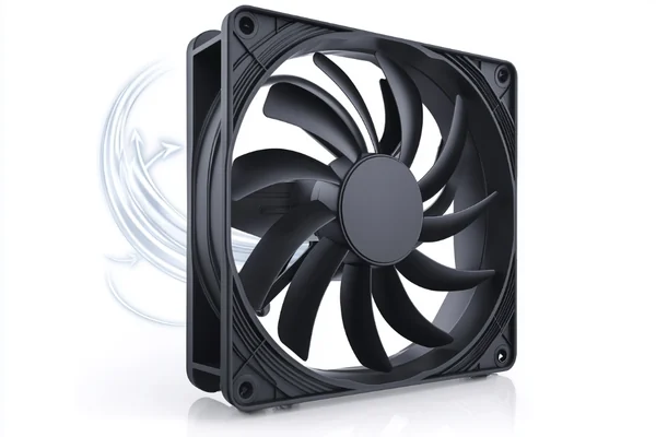An axial fan with arrows showing airflow direction
