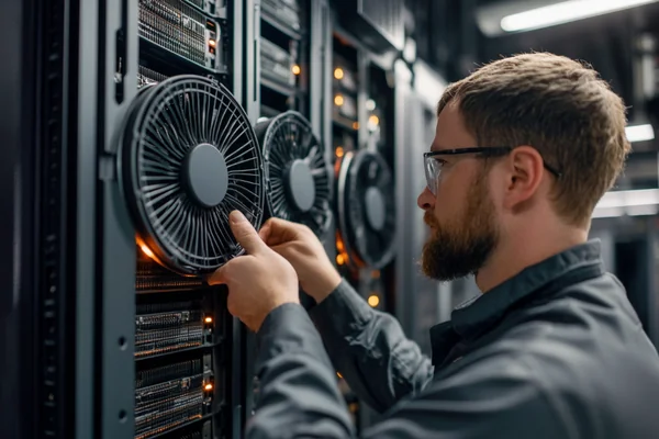 An engineer inspecting a cooling fan in a server rack