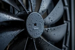 Close-up photo of a rugged, IP68-rated DC axial fan with sealed edges and a waterproof connector, shown against a metal background