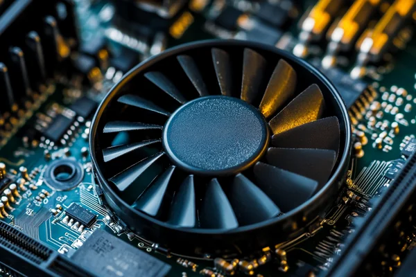 Close-up product photography of a DC axial fan with visible conformal coating applied to the motor and control circuits, showing the thin protective film