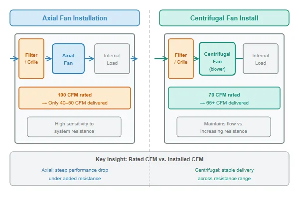 Cross-section comparison diagram showing an axial fan installation versus centrifugal fan installation in typical enclosure mounting scenarios