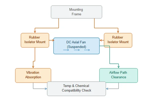 Cross-section diagram showing rubber mount vibration isolation mechanics and airflow path clearance around a suspended DC fan