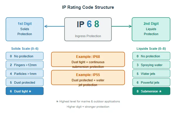 Diagram explaining IP rating codes, with the first digit representing solids protection and the second digit representing liquids protection
