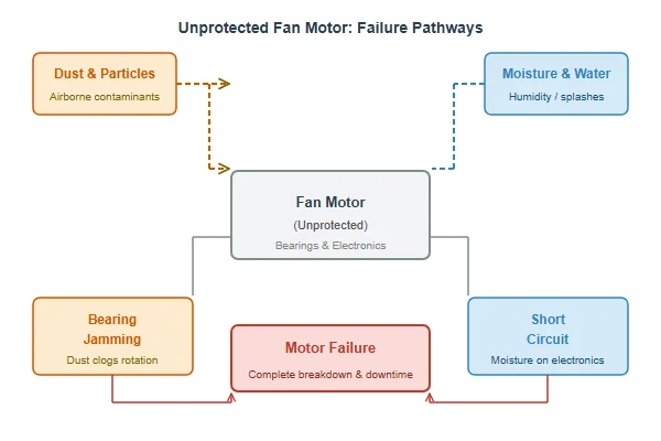Diagram showing dust and moisture entering an unprotected fan motor