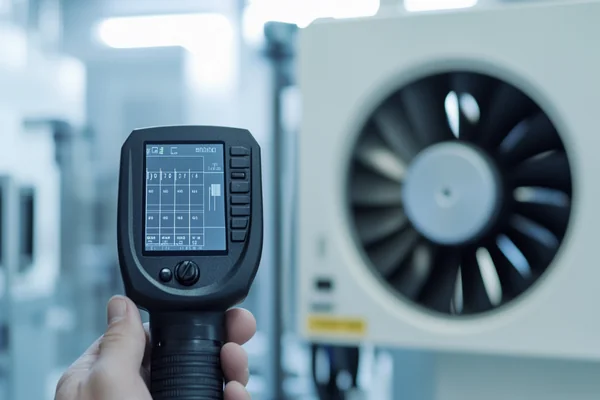 Digital anemometer being held in front of a running DC axial fan mounted in a test fixture, displaying airflow velocity readings on its LCD screen