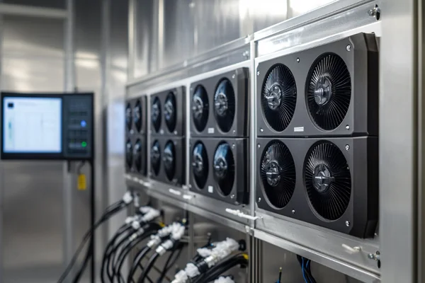Environmental test chamber setup showing DC fans undergoing salt spray and humidity testing to validate conformal coating performance
