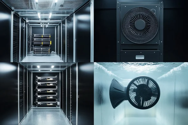Four images showing different environments: a server room, a food processing line, an outdoor telecom box, a submerged pump