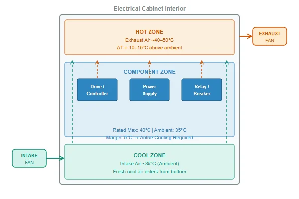 Heat dissipation diagram showing airflow patterns and temperature zones inside an electrical cabinet with multiple mounted components