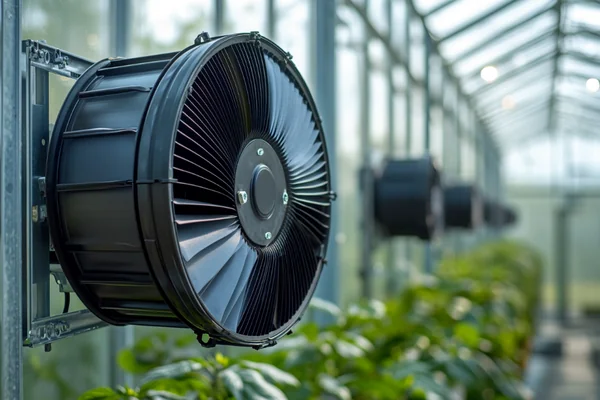 Large DC axial fan mounted in the wall of a greenhouse to exhaust hot air