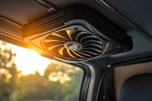 Photo of a DC axial fan mounted in the roof vent of a camper van, with sunlight streaming in