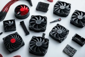 Photo of various DC axial fans arranged on an anti-static mat