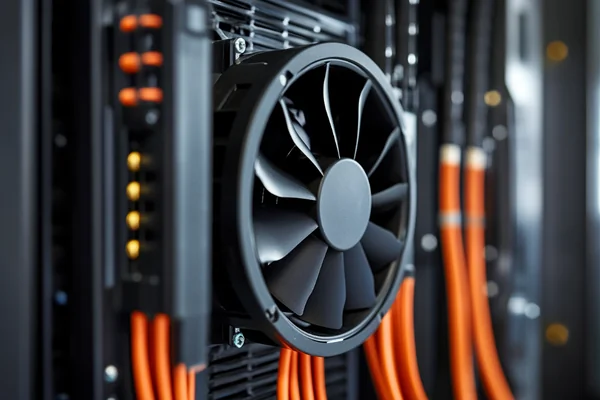 Professional installation of a DC axial fan with anti-vibration mounts in an industrial control panel, showing proper cable management