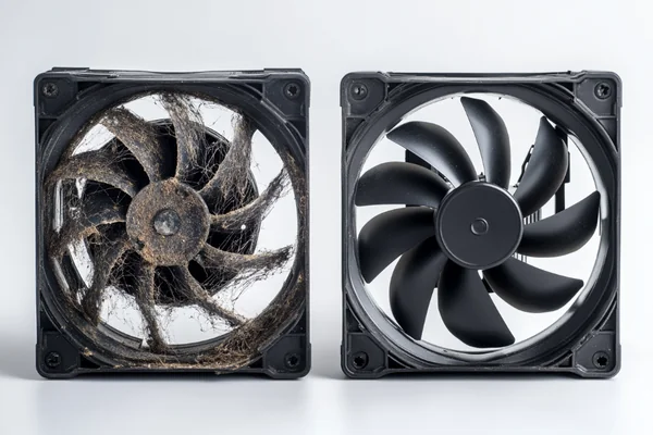 Side-by-side comparison of a broken old fan and a new replacement fan.