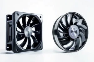 Side-by-side comparison of a DC axial fan and a centrifugal blower fan showing their different housing shapes and blade orientations