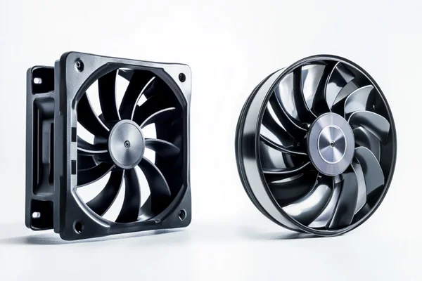 Side-by-side comparison of a DC axial fan and a centrifugal blower fan showing their different housing shapes and blade orientations