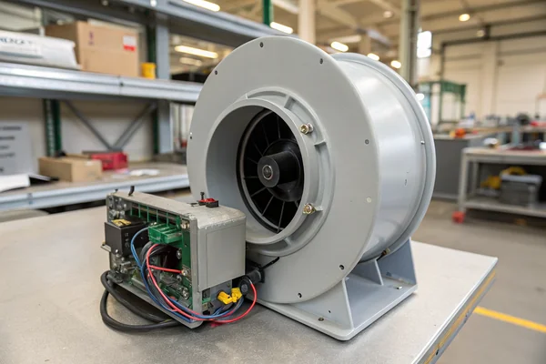A centrifugal blower fan with a gray plastic volute casing installed inside an open electronics enclosure, showing its inlet and outlet orientation