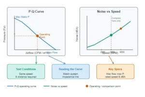 A DC axial fan datasheet showing P-Q curve and noise-versus-speed graphs