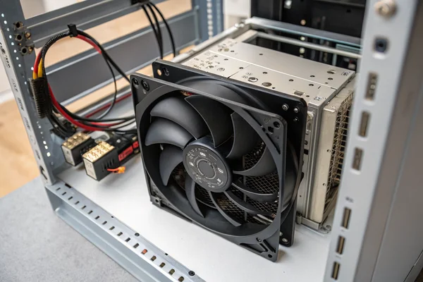 A DC axial fan installed in the cooling bay of a UPS power module
