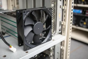 A DC axial fan installed in the cooling vents of a network switch chassis
