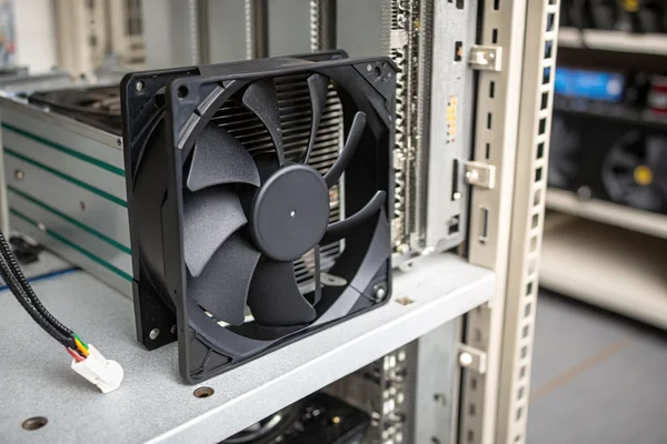 A DC axial fan installed in the cooling vents of a network switch chassis