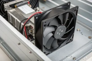 A DC axial fan mounted in a battery management system enclosure for thermal monitoring