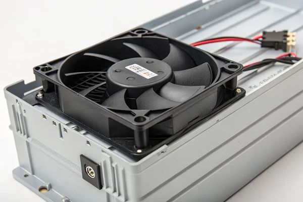 A DC axial fan mounted in an EV battery pack enclosure for auxiliary cooling