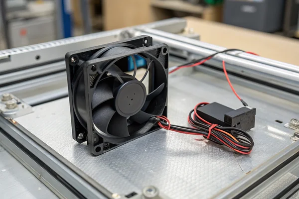 A DC axial fan mounted with rubber anti-vibration grommets inside a laser engraver electronics compartment