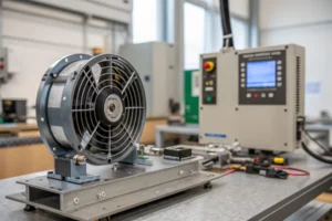 A DC axial fan undergoing accelerated life testing on a bearing life test rig