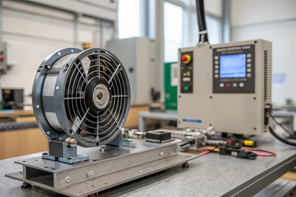 A DC axial fan undergoing accelerated life testing on a bearing life test rig