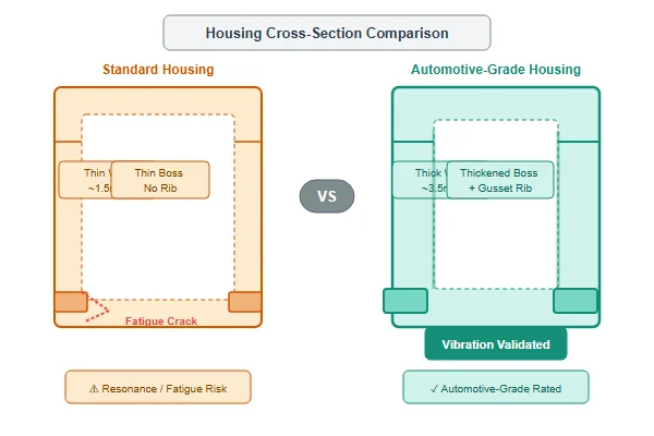 A DC blower fan housing cross-section comparison showing standard thin-wall housing versus reinforced automotive-grade housing with thickened mounting bosses